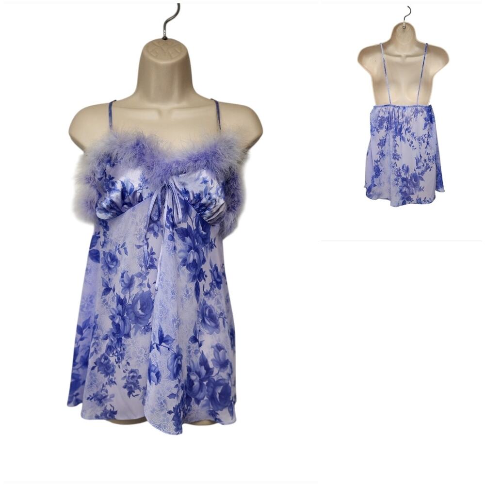 Seductive Wear By Cinema Etoile Med Blue Purple Faux Fur Trim Babydoll Size SM